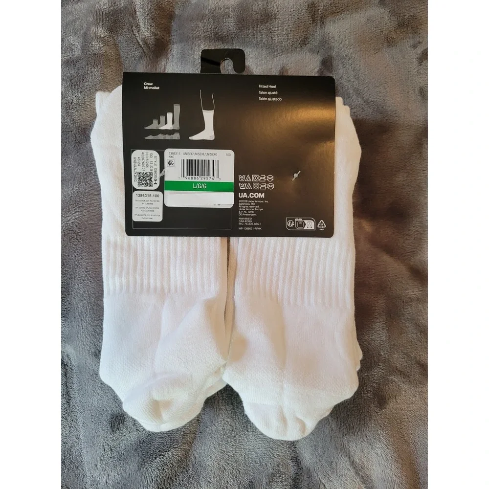 Under Armour 6 Pr Training Cotton Mens 8.5-13 Womens 10-14 Logo White Crew Socks